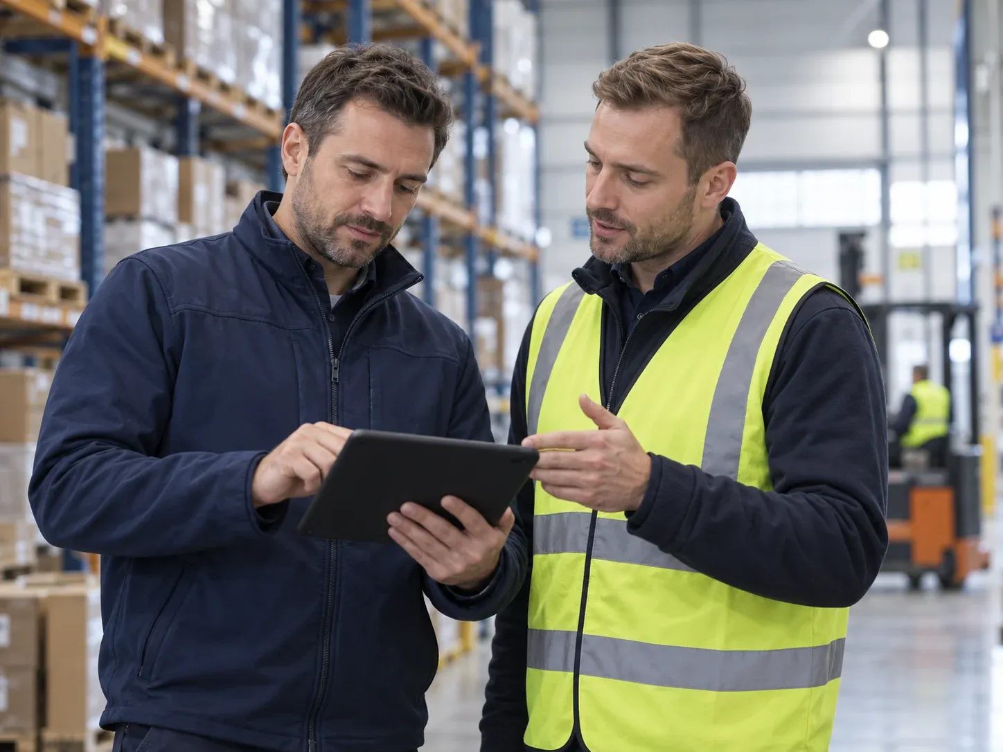 Deux professionnels de la logistique échangent autour d’une tablette dans un entrepôt.