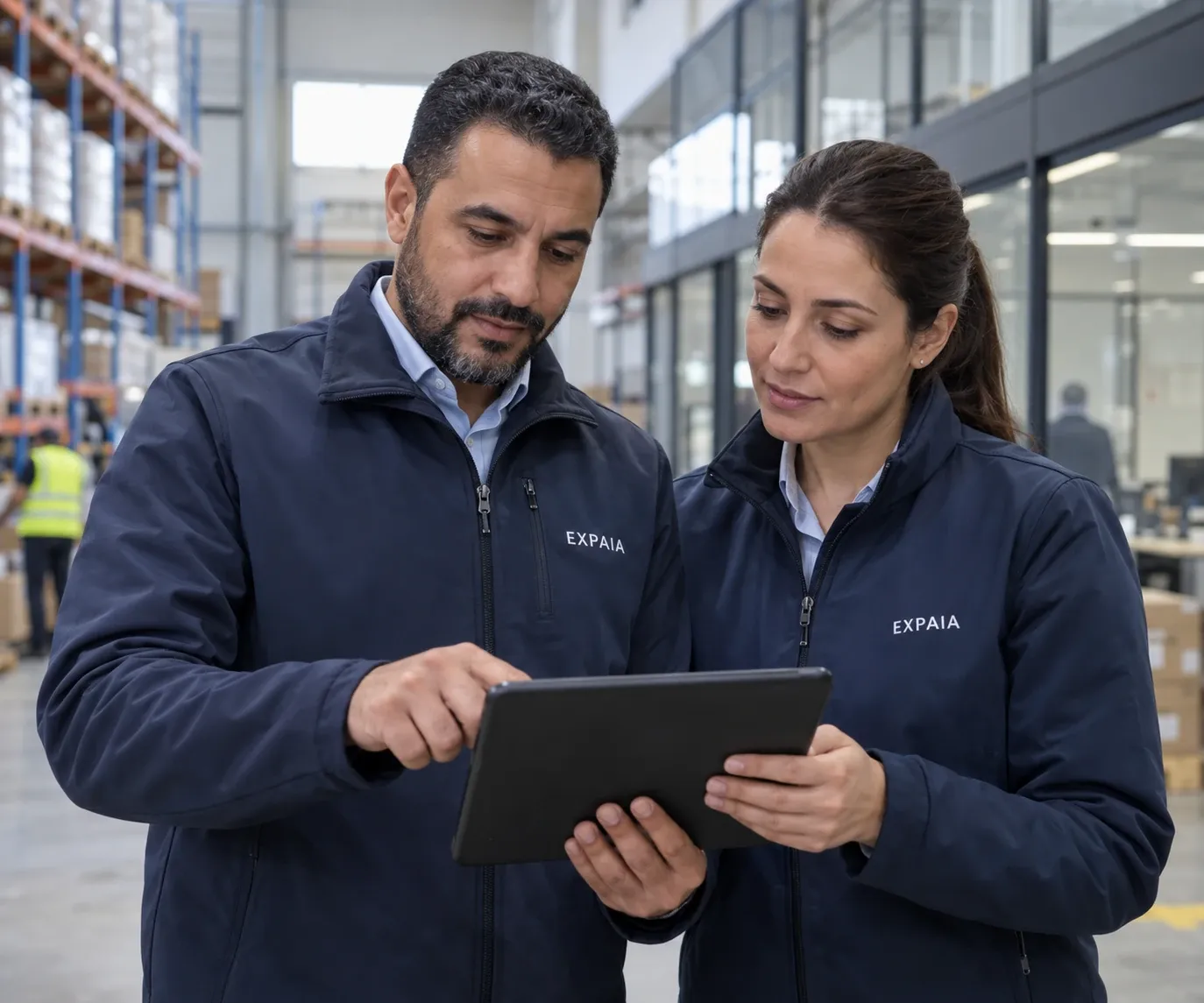 Deux responsables Expaia consultent une tablette ensemble dans un entrepôt moderne.