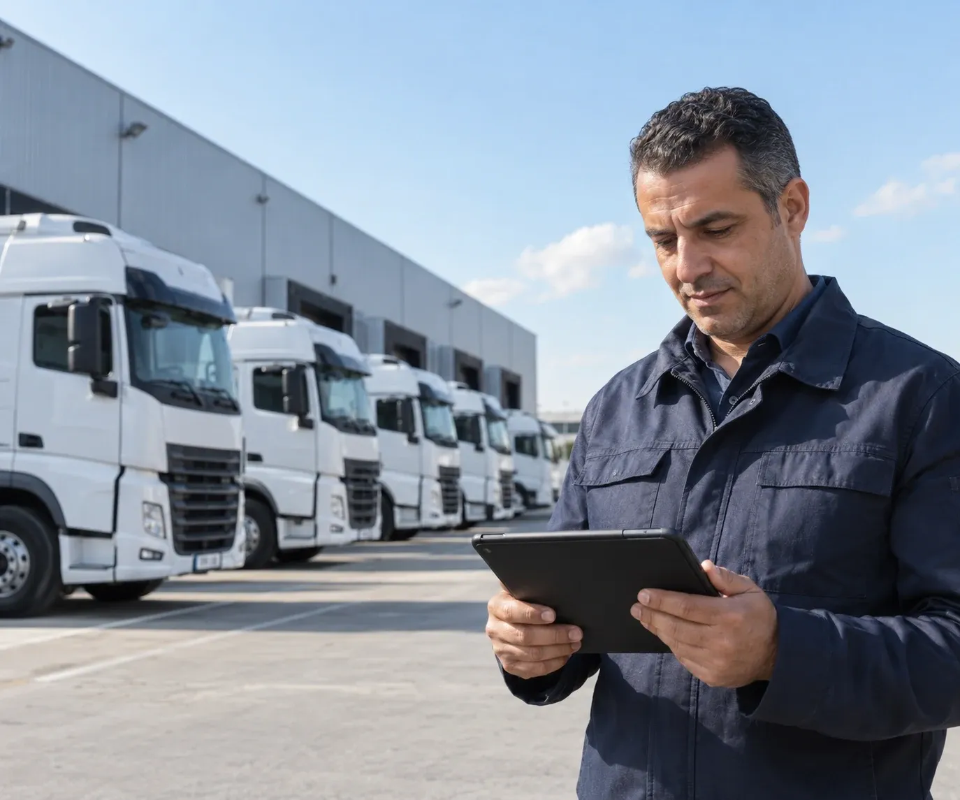 Un gestionnaire consulte sa tablette devant une flotte de camions blancs dans un centre logistique
