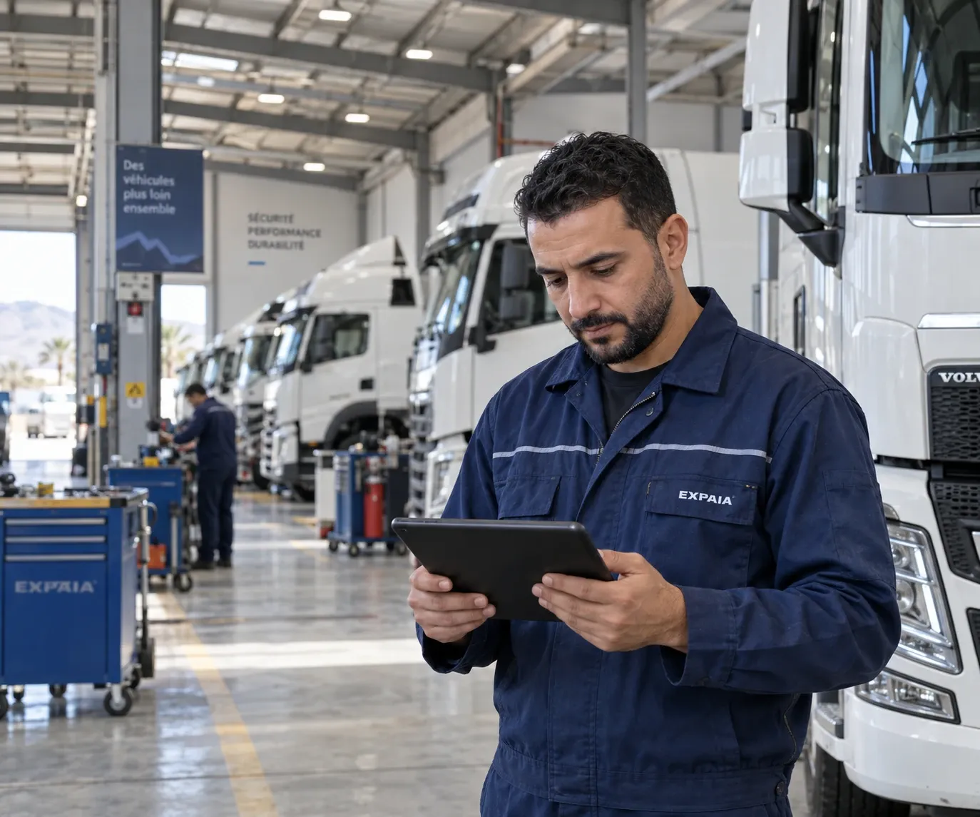 Un technicien de maintenance consulte sa tablette dans un atelier de poids lourds, près d'un camion blanc