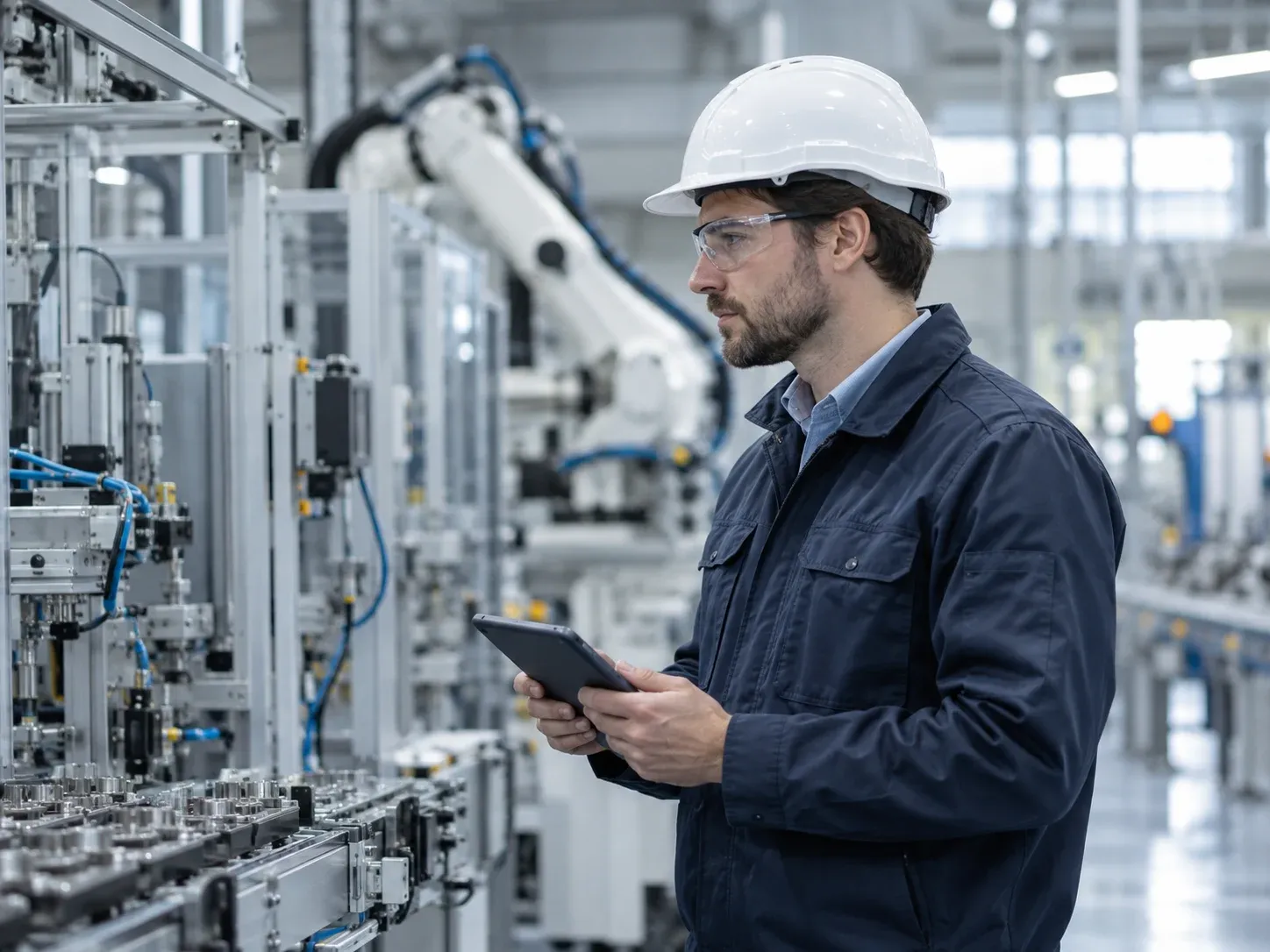 Un ingénieur portant un casque et des lunettes de protection inspecte une ligne de production industrielle.