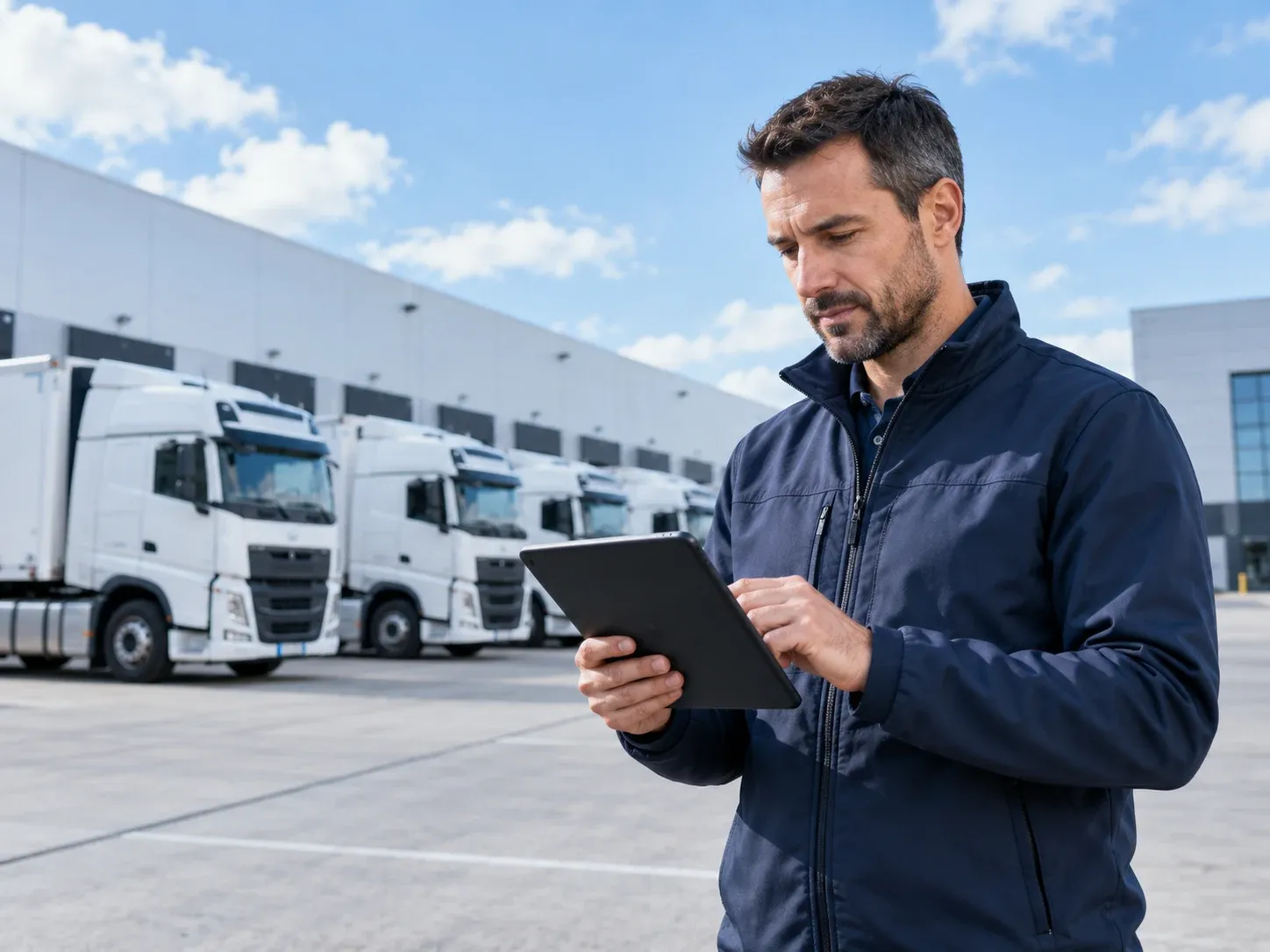 Un responsable logistique consulte une tablette devant une flotte de camions stationnés près d'un entrepôt.
