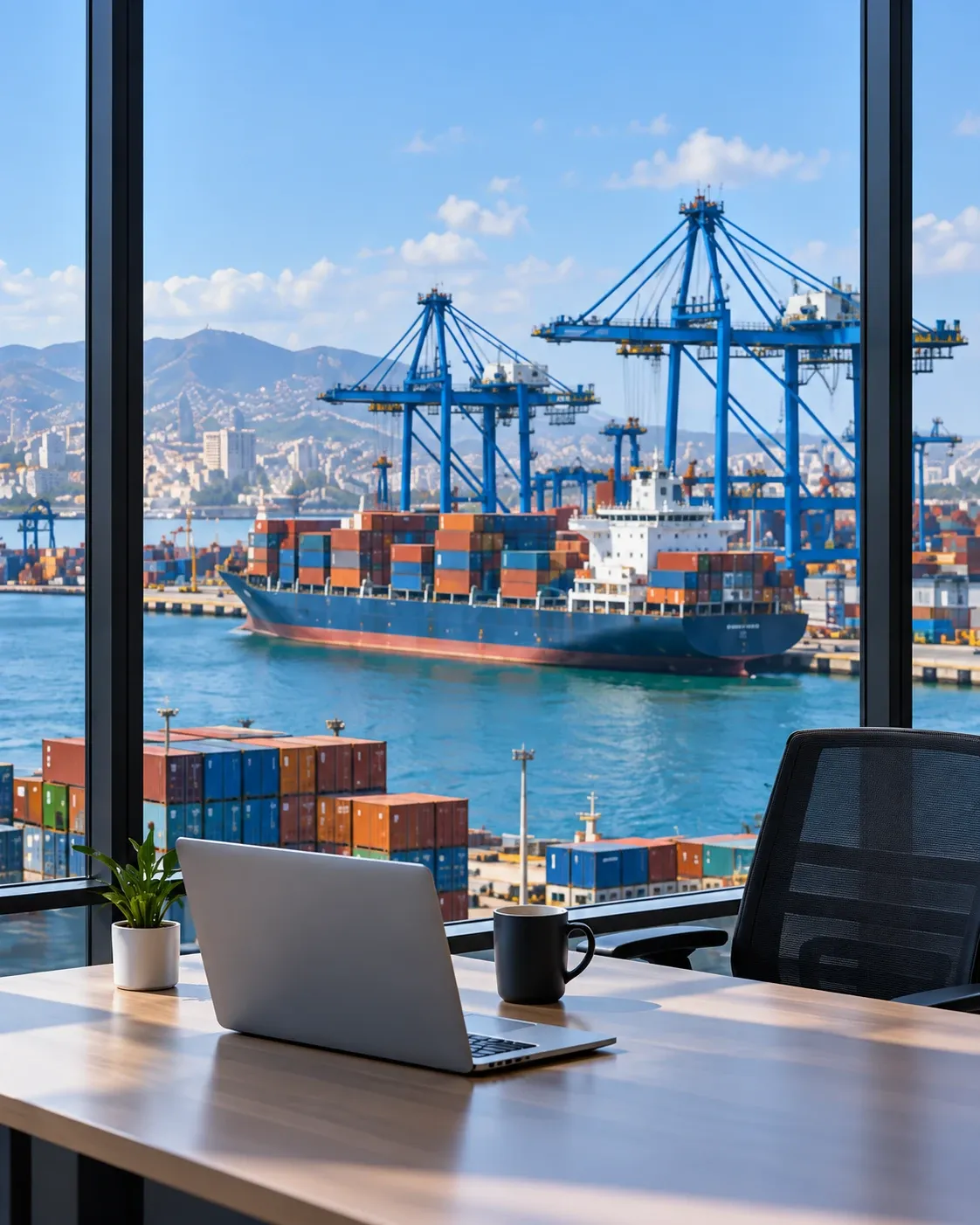 Bureau avec vue sur un terminal portuaire, un porte-conteneurs et des grues de chargement