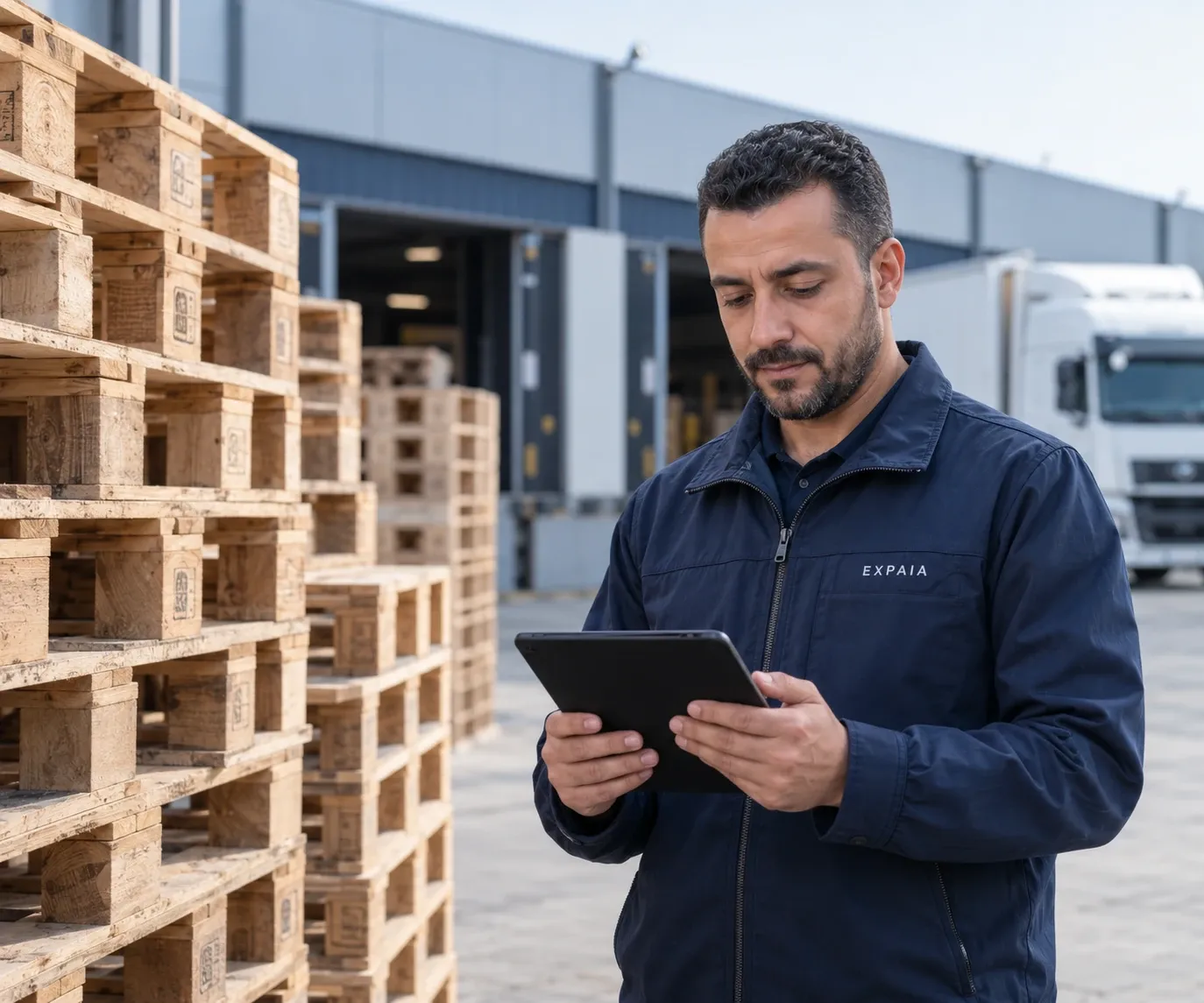 Un responsable logistique consulte sa tablette à côté de piles de palettes en bois et d'un camion blanc sur un quai de chargement.