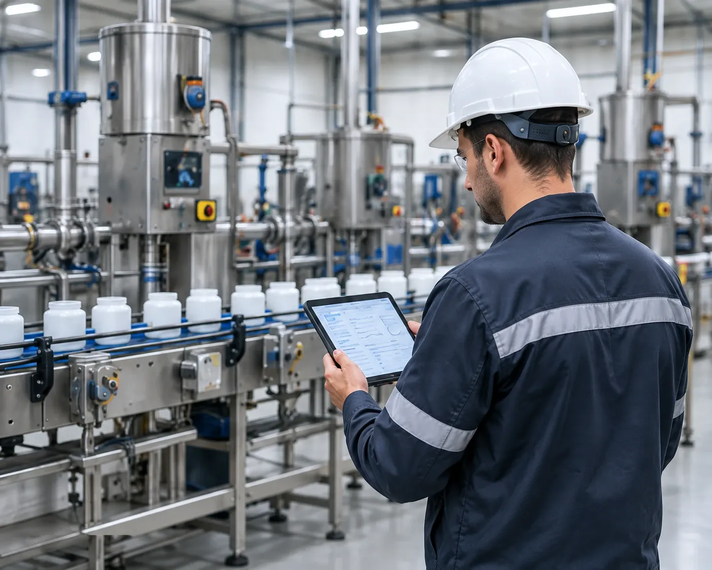 Opérateur muni d'une tablette sur une ligne de fabrication et de conditionnement