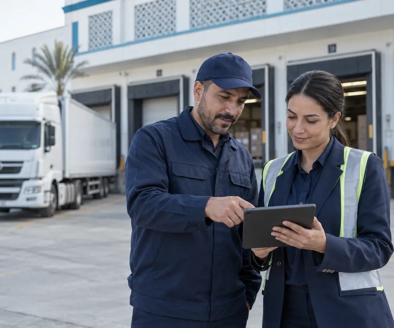 Un conducteur et une responsable de réception consultent une tablette sur le quai d'un centre logistique