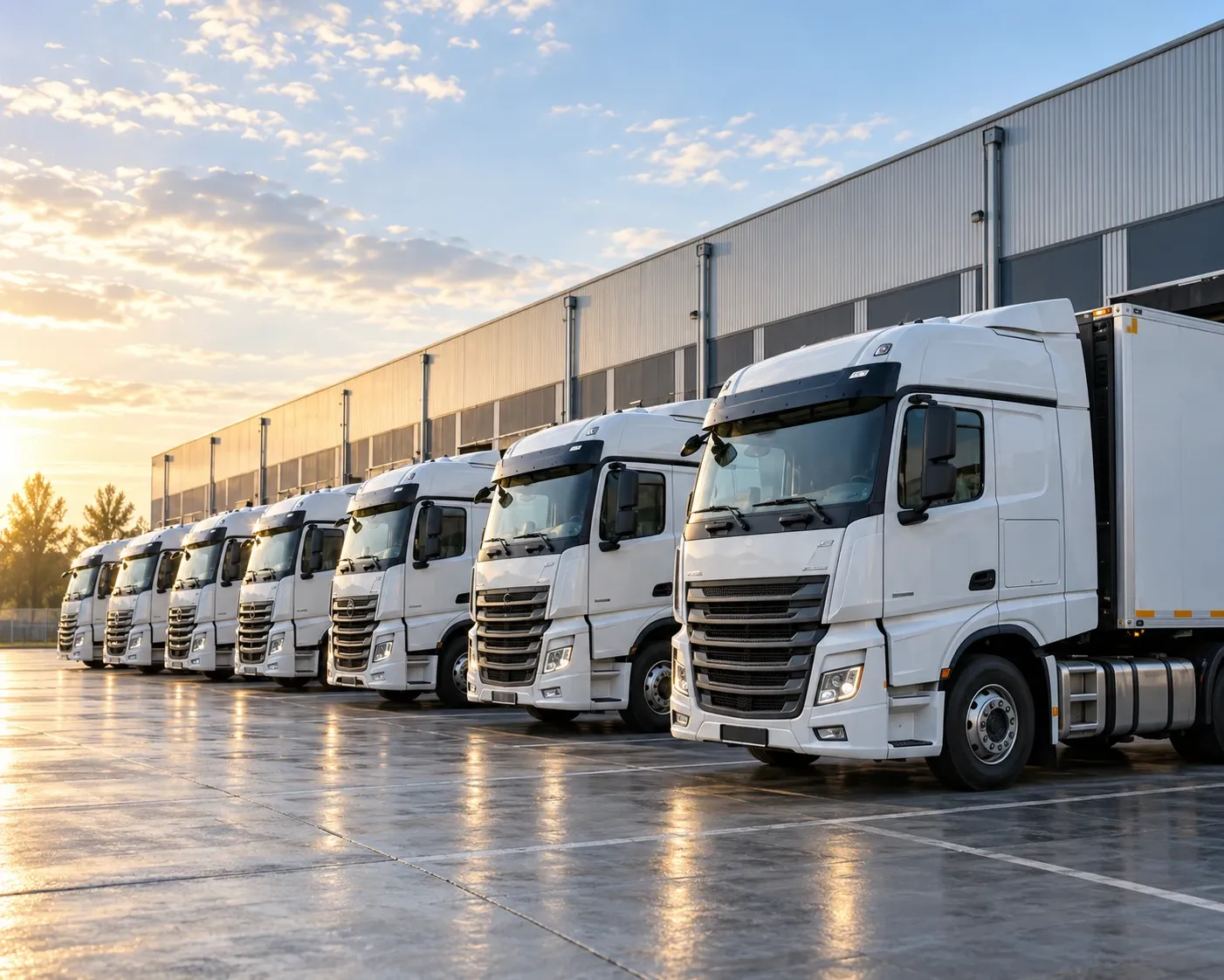 Une flotte de camions blancs stationnés aux quais d'un entrepôt logistique