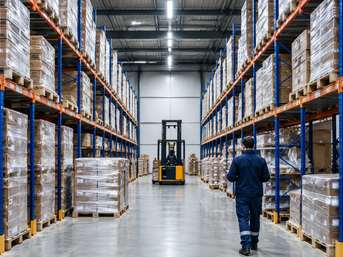 Allée d'un entrepôt logistique avec rayonnages, palettes filmées, chariot élévateur et opérateur muni d'une tablette